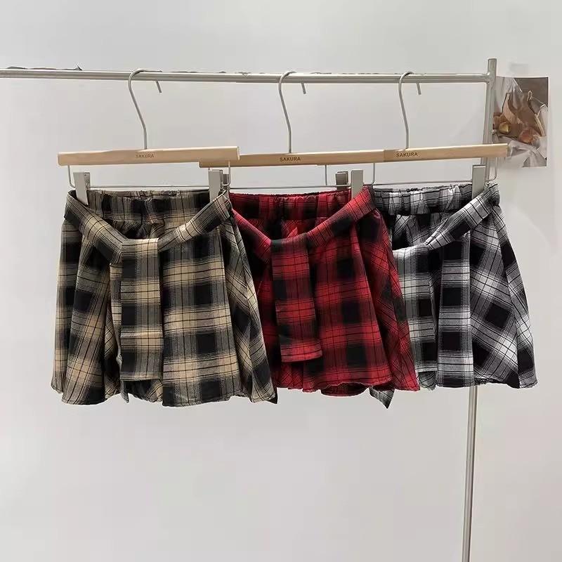 Streetwear Plaid Skirt for Women Spring Summer Vintage Hong Kong Style Irregular Skirt Pants All-match