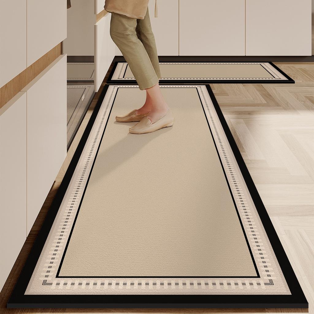 Kitchen Floor Mat Anti-Slip Oil-Proof Erasable Carpet Leather Pvc Waterproof Rug Black Line Texture Home Decoration Mats
