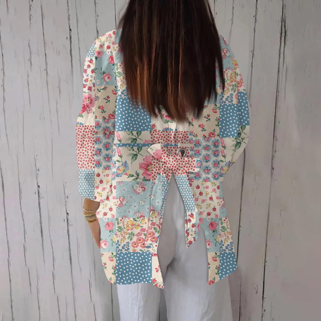 Women's Fashion 3/4 Sleeve Casual Lapel Back Tie- Floral Print T-Shirt Top