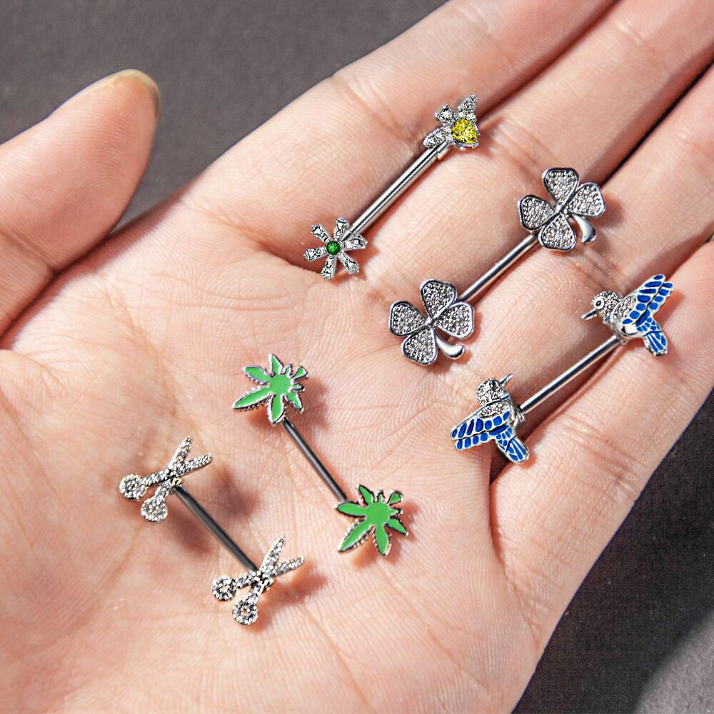2pcs Butterfly Nipple Piercings Rings 16mm Length Bar Barbell Steel Crystal Nipple Shield Cover Heart Flower Tongue Body Jewelry