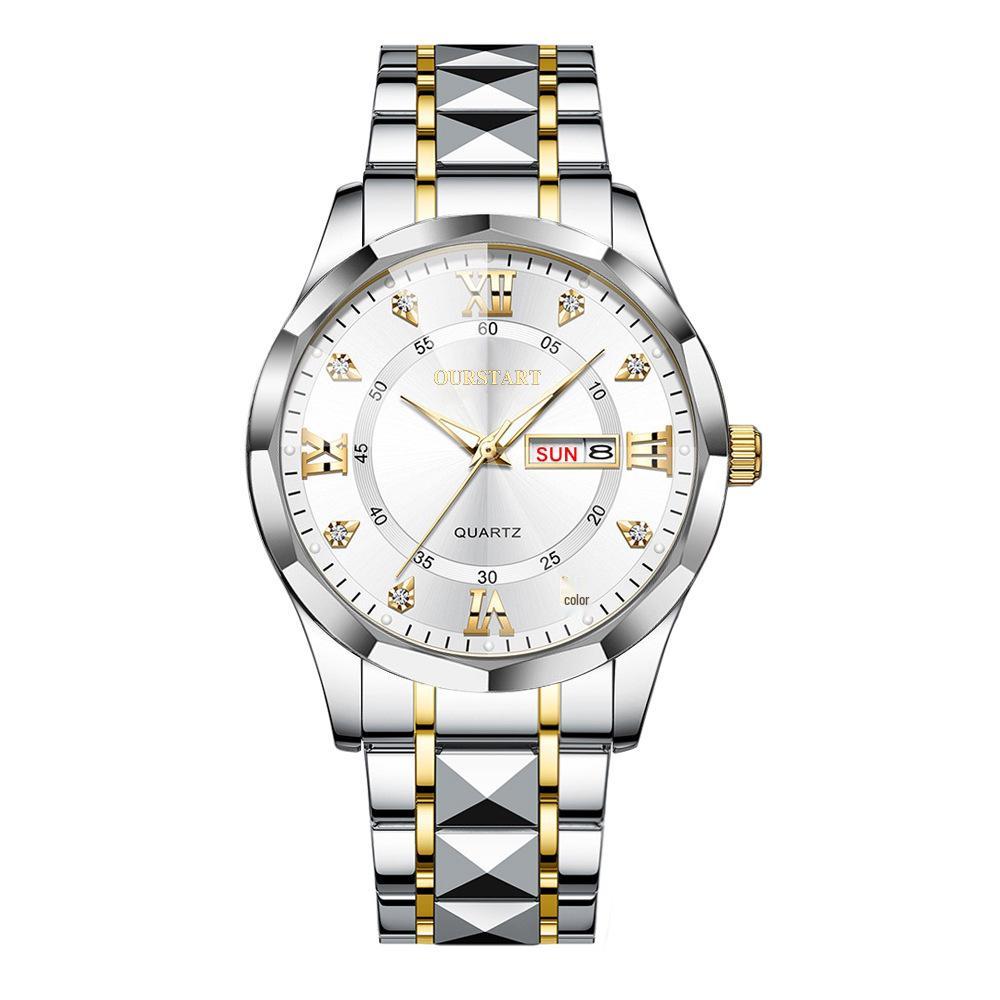 Men's Luminous Waterproof Quartz Watch with Rivet Steel Band & Double Calendar Display