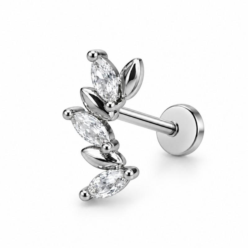 Stainless Steel Lip Ring Threaded Leaf Piercing Jewelry Micro Paved Zircon Minimalist Design
