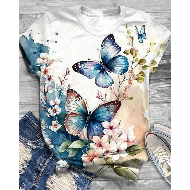 Butterfly Dragonfly Pattern 3D Print T-Shirts Women's Short Sleeves T Shirt Streetwear Y2k Harajuku Tees Tops Female Clothing