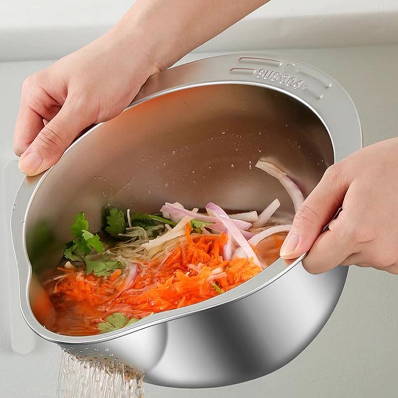 Stainless Steel Multi Purpose Kitchen Strainer, Ergonomic Design for Washing Rice, Fruits, Vegetables, Durable Drain Basket with Fine Mesh Filter,
