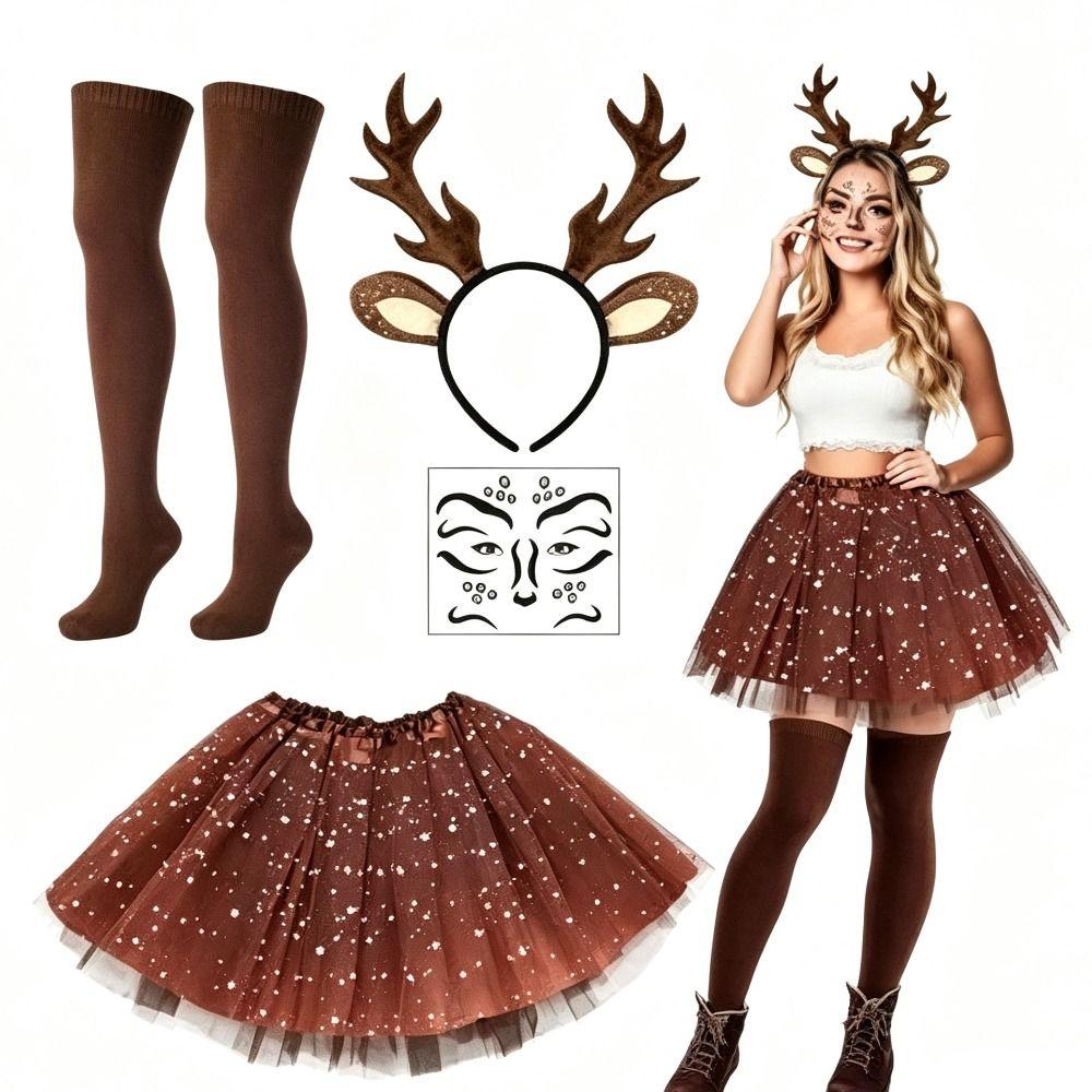 Braunes Pünktchen-Geweih-Rentier-Cosplay-Set Flauschiges Geweih Tüllrock-Set Sexy Rentier-Kostüm-Set Für Mädchen