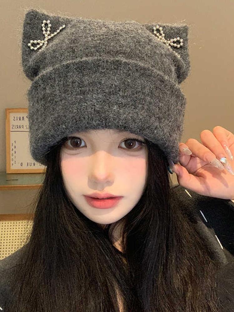 Winter Women Stretchy Sweet Cute Bow Hats Fashion Warm Beanie Hat Solid Knitted Skullies Adult Cover Head Caps Casual New Korean