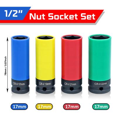 1/2 İnç Sürüş Tekerlek Koruyucu Darbeli Lokma Takımı, İnce Duvarlı Derin Darbeli Lokma Takımı Plastik Kılıflı Bijon Anahtarı 17mm, 19mm, 21mm, 22mm