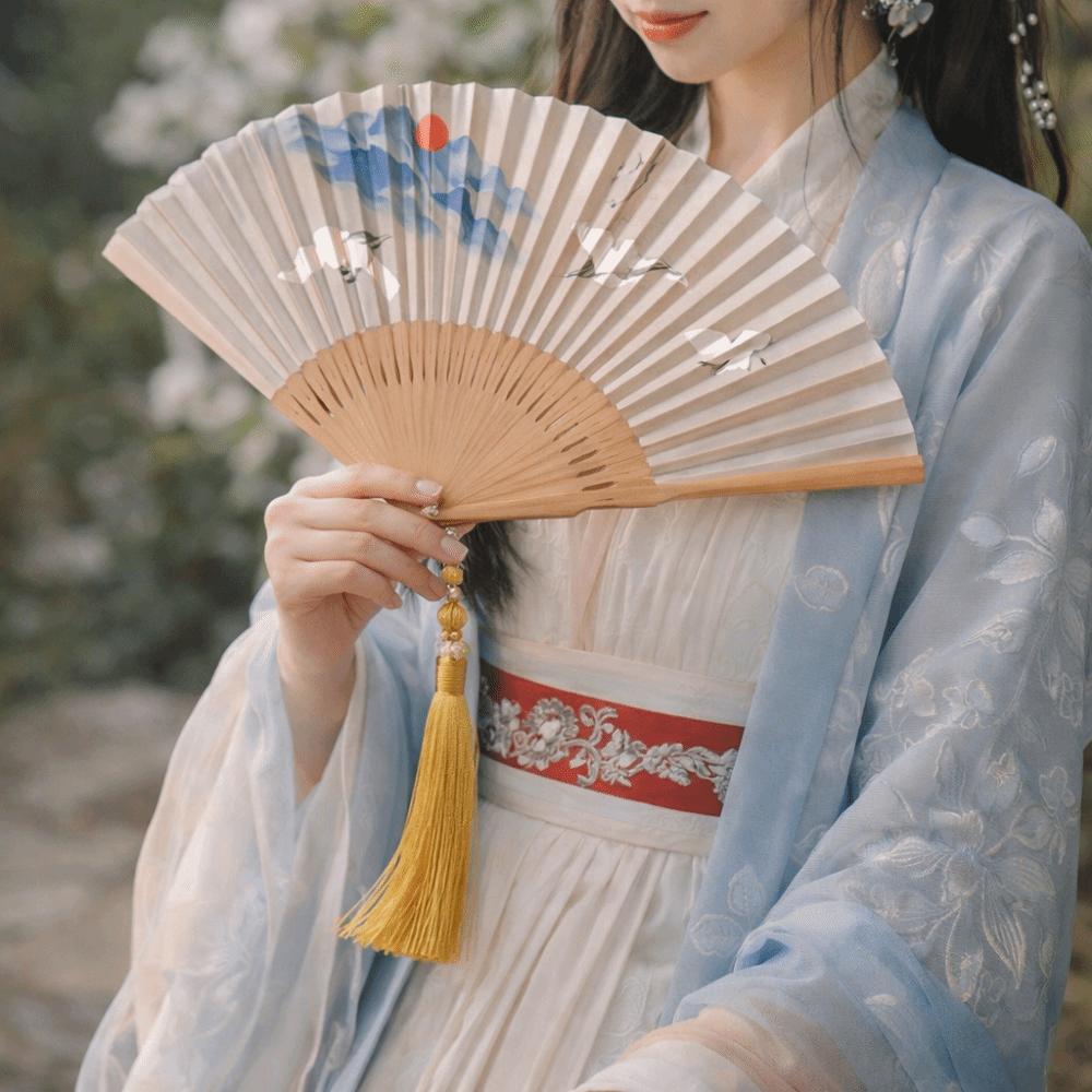Crane Pattern Bamboo Folding Fan Traditional Double Side Fan  Hanfu Matching
