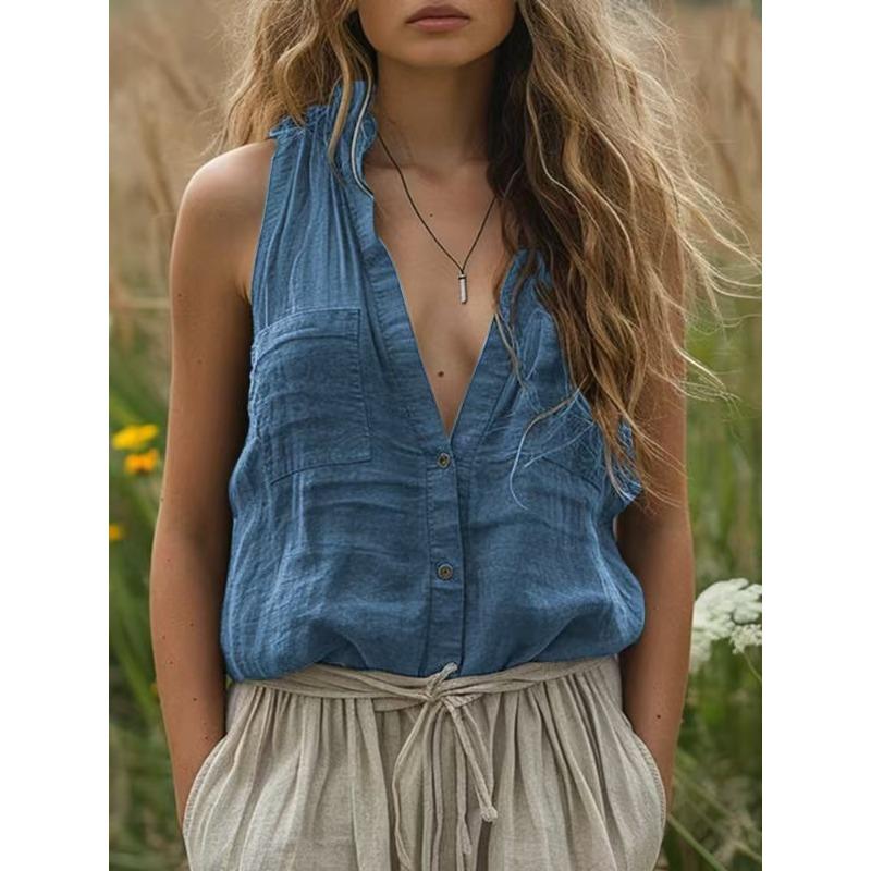 BFCCQB Kadın Moda Günlük V Yaka Kolsuz Bluzlar ve Gömlekler