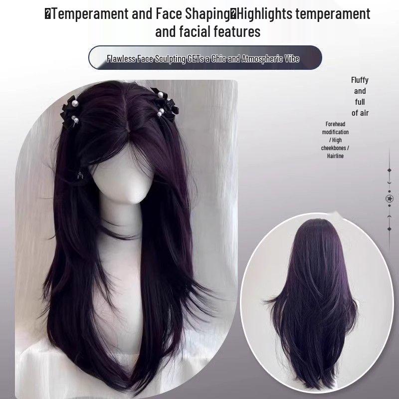 Natural-Looking Black Currant Purple Wig with Long Layers & Curtain Bangs for Women