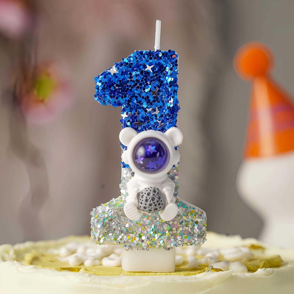 Creative Astronaut Birthday Cake Number Candles with Sequins - Fun Cartoon Atmosphere