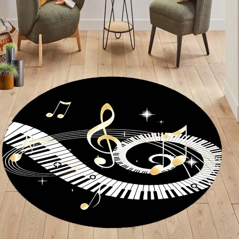 Round Black Gold Treble Clef Piano Key Musical Note Non Slip Floor Rug Music Studio Teacher Washable Indoor Living Room Bedroom Area Carpet