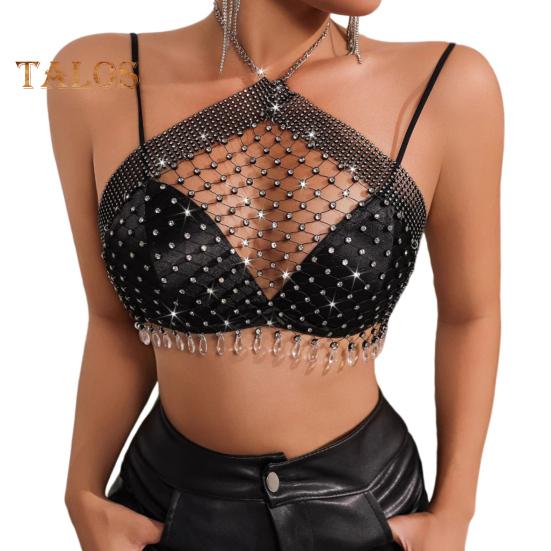 

Сексуальные топы с бретелькой через шею, укороченные топы без рукавов с открытой спиной, ажурная сетка, блестящие стразы, инкрустированные перспективным шейным ремешком S чёрный