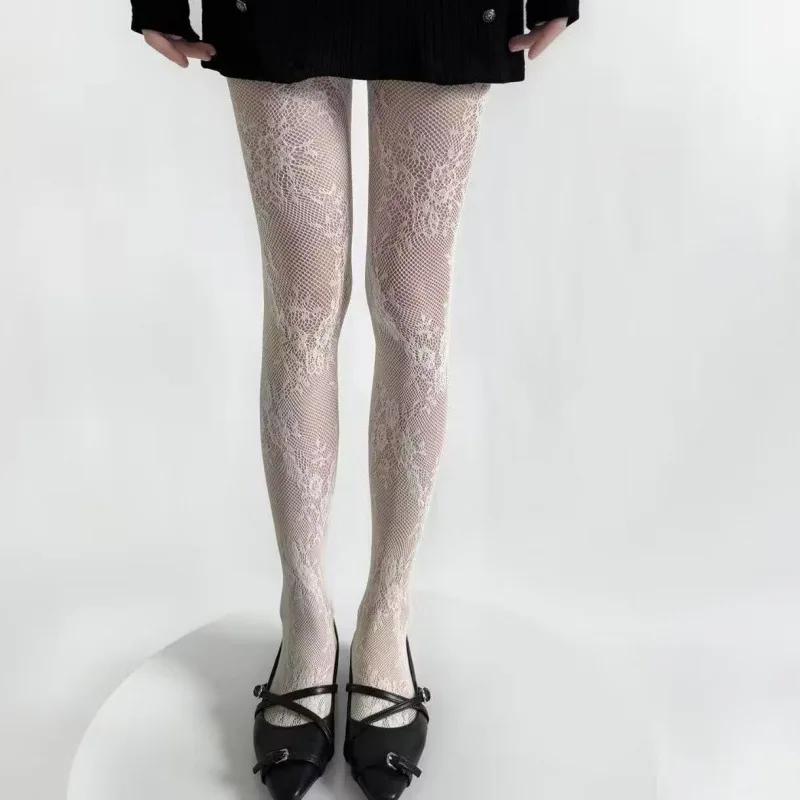 Retro Floral Lace White Black Stockings Korean Sexy Hollowed Out Lace Mesh Stockings With Bottom Pantyhose For Women Tights One Size