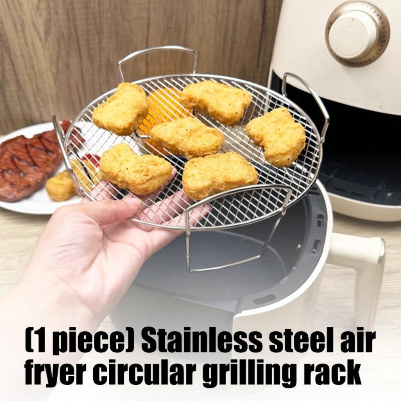 Stainless Steels Round Air Fryers Rack 20Cm Raised Mesh Wire Rack with Side Handle for Grilling, Reheating Food, Greases Draining, and Daily Kitchens