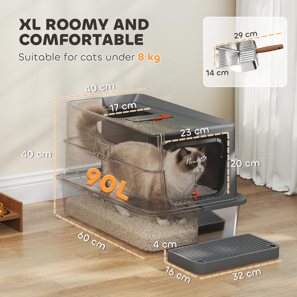 Stainless Steel Cat Litter Tray with Lid, XL 90L Enclosed Cat Litter Box with Step, Scoop, High Side, Dark Grey