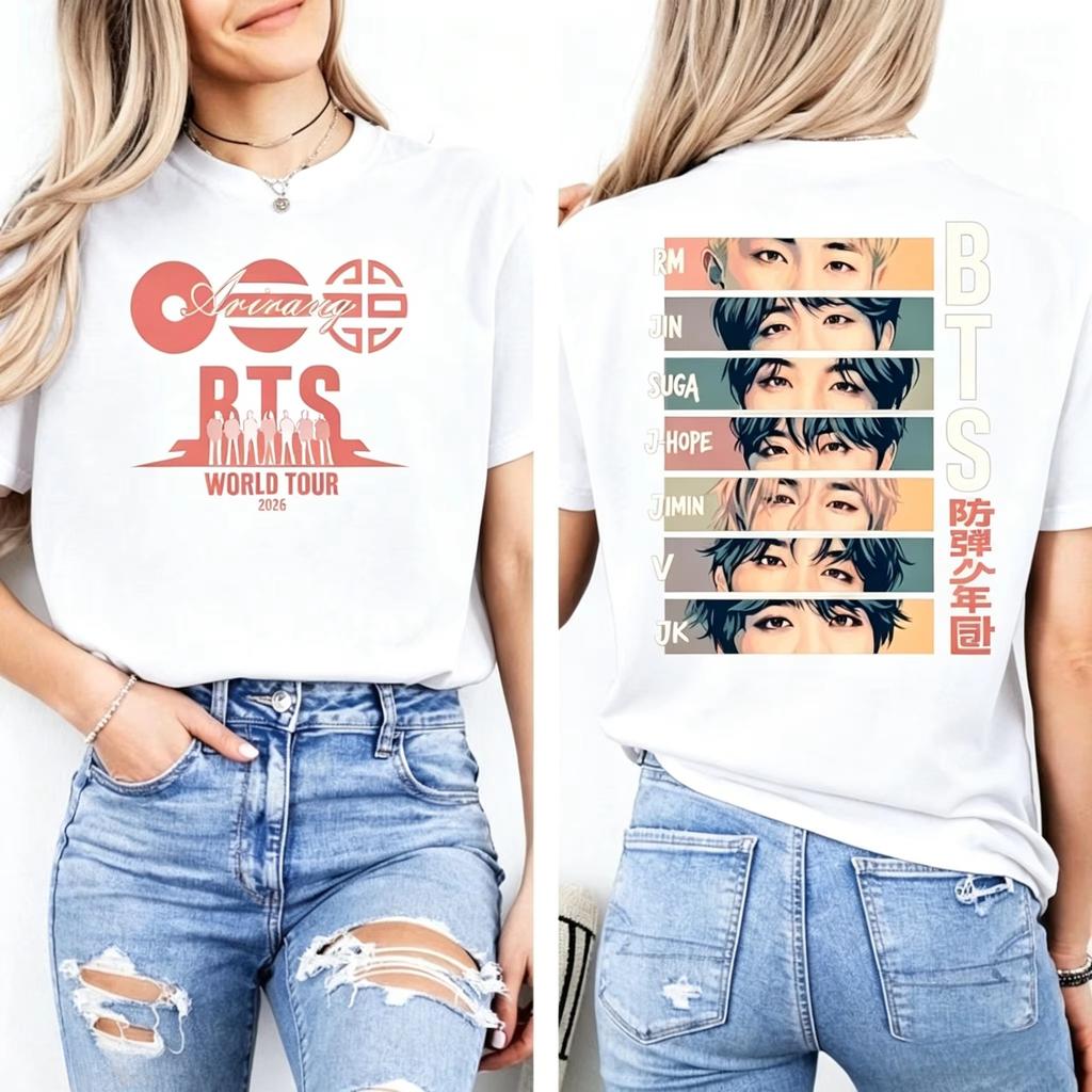 BTS Arirang World Tour 2026 Double Sided Kpop Fan T-shirt Men's Women's Oversized Y2k Streetwear Short Sleeve Comfortable Female Male Clothing