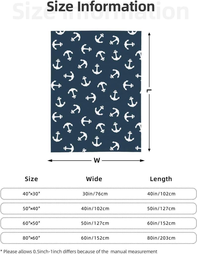 Navy Blue Nautical Anchors Throw Blankets All Season Ultra Soft Warm Fleece Blanket for Home Bed Sofa Couch Chair Outdoor Travel