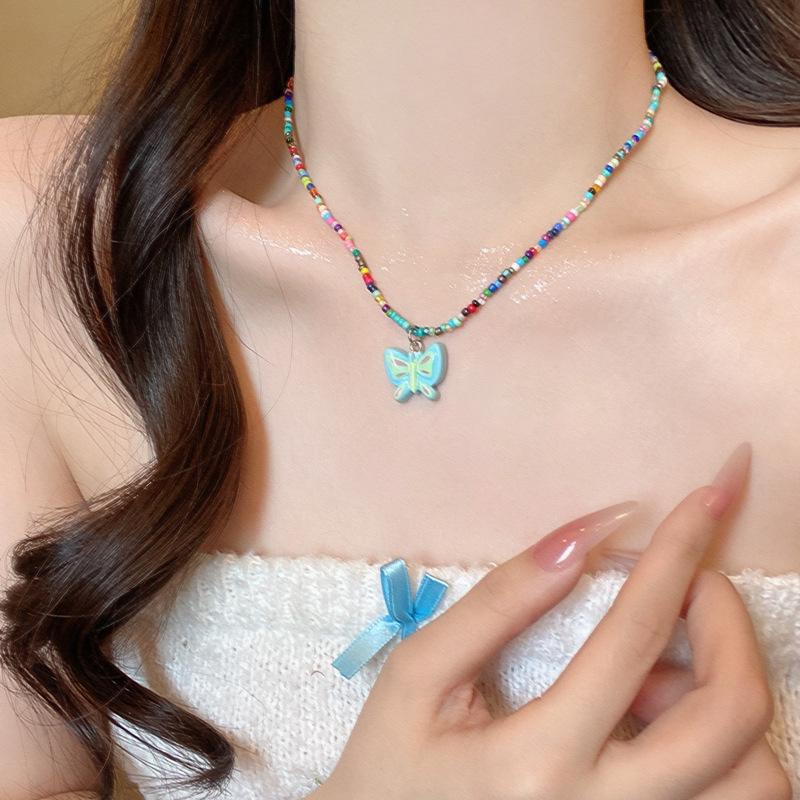 Holiday sweet temperament colored beaded necklace women s small fresh fashion butterfly collarbone chain neck chain accessories