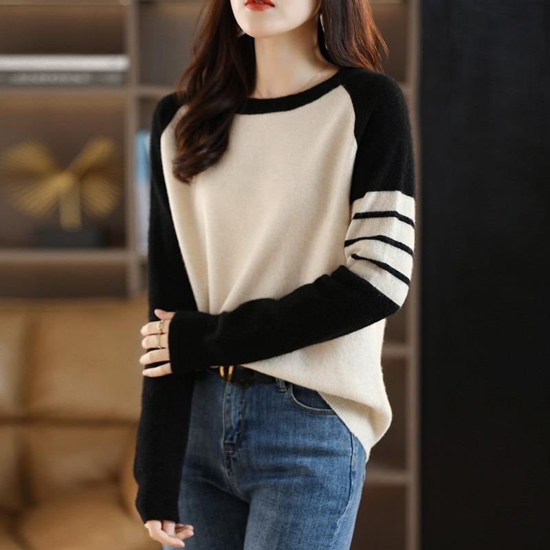 Round-neck Color-blocked Sweater Women's Trendy Loose Knitted Sweater Casual Short Pullover Spring and Autumn