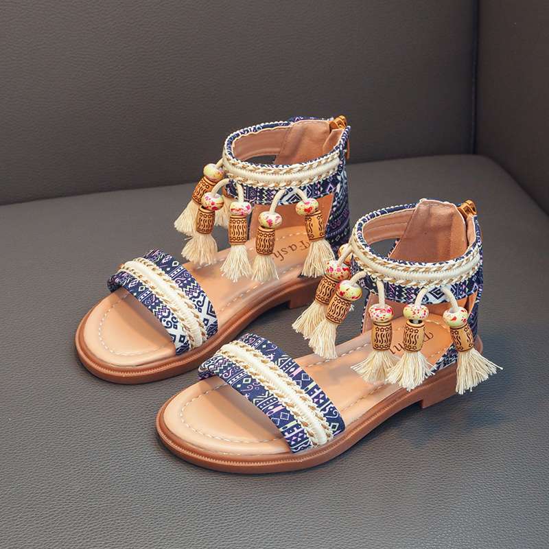 Children's Roman shoes Girls' sandals Summer 2025 New middle-aged and older children's Korean version soft-soled ethnic style retro princess shoes