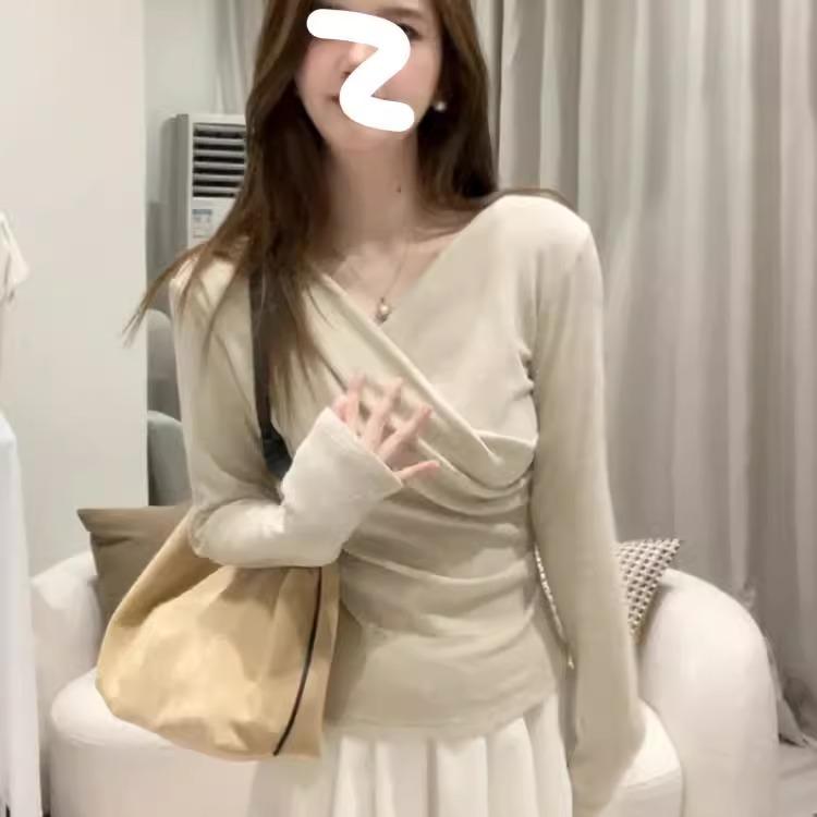 Korean Chic Design V-Neck Off-Shoulder Long Sleeve T-Shirt Women s Autumn Inner Pure Desire Wind Folded Waist Bottom Top S