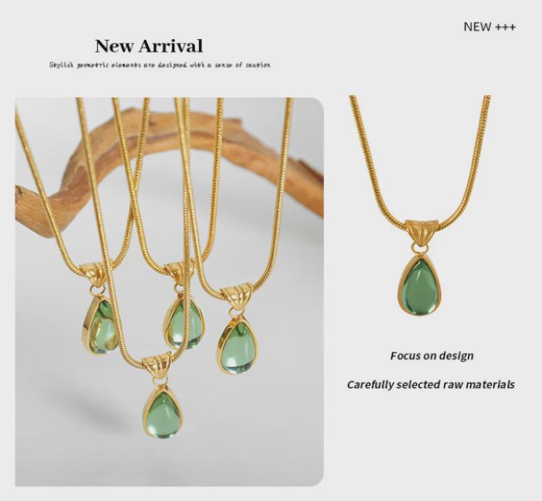 Kadınlar için Zeytin Yeşili ve Mavi Su Damlası Kolye - Retro, Niş Tasarım, Solmaz, Seksi Takı.