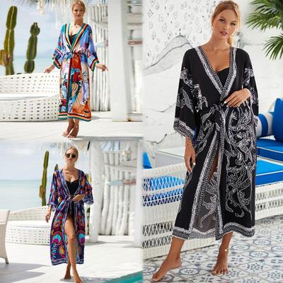 2023 European & American Style Rayon Beach Dress Cover-up with Placement Print for Seaside Vacation