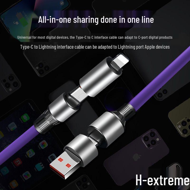240W Fast Charging 4-in-1 Silicone Cable, 1m - Compatible with Apple, Xiaomi, Huawei, and Android Devices for Universal Fast Charging. Purple Cylinder 4-in-1 1.5m