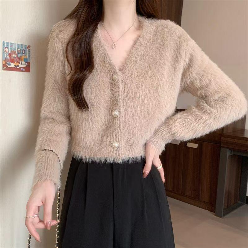 Autumn and winter new v-neck imitation mink velvet solid color short sweater jacket lazy wind outside wear knitted cardigan top women