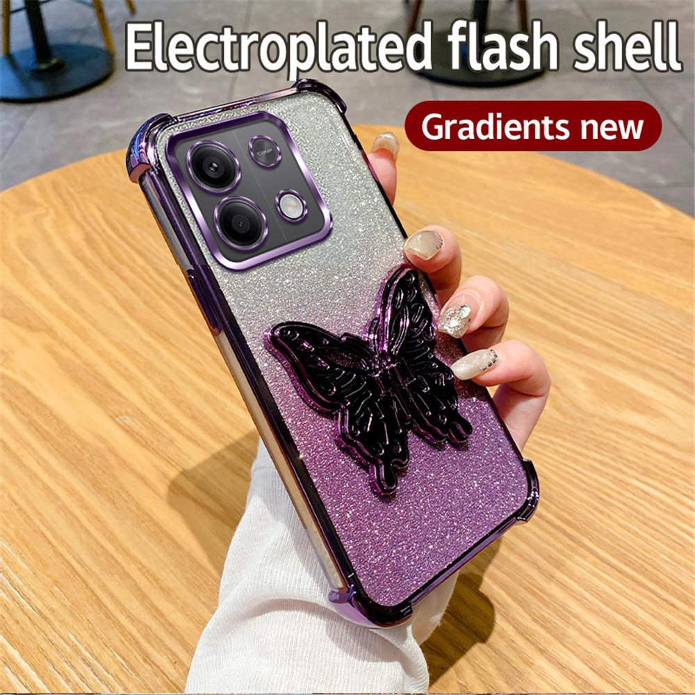 Shockproof Butterfly Stand Phone Case For Xiaomi Redmi Note 14 Pro Plus 14C 4G 5G 14T POCO X7 Pro Gradient Glitter Silicon Cover
