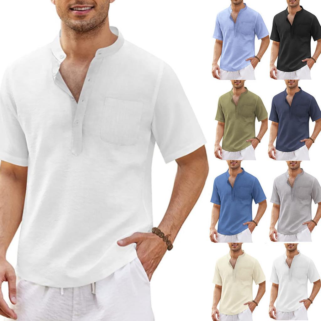 Men's Fashion Cotton Hemp Hippie Casual Pocket Short Sleeve Beach T-Shirt