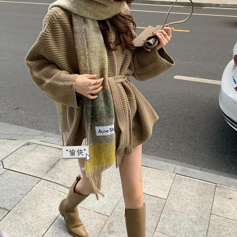 Damski sweter jesienno-zimowy, luźny, modny, dojazdy do pracy, długi, dzianinowy kardigan z dekoltem w serek, gruby, długi płaszcz z rękawami