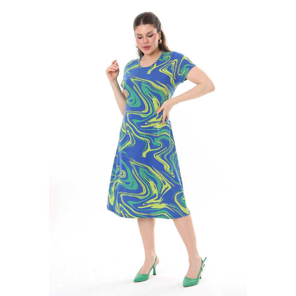 Women's Blue Green Maze Pattern Midi Dress