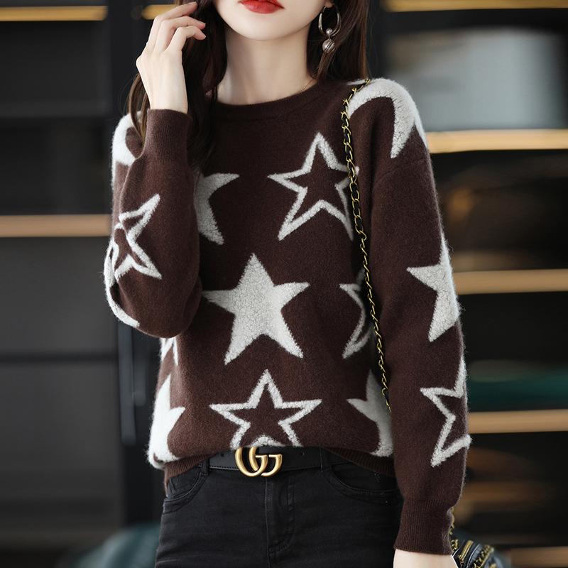 

Рождество 2022, весенний женский красный, черный вязаный свитер с принтом звезды, пуловер, корейская женская одежда, водолазка
