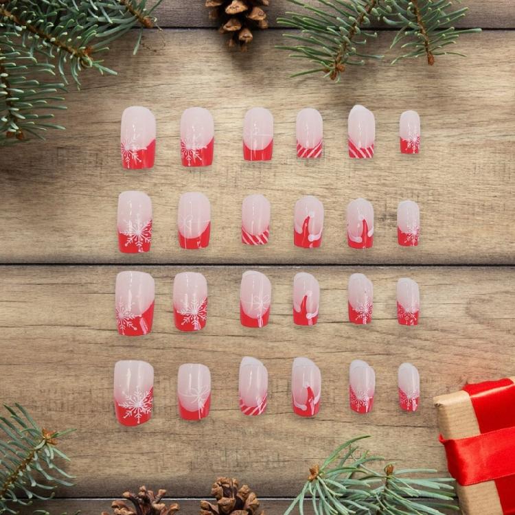 Festive Christmas Press On Nails Set 24Pcs Medium Square Flase Nail Snowflakes Artificial Nail for Easy Holiday Nail Art