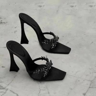 Summer Women's High Heel Sandals Cross Rhinestone Square Head Open Toe Sandals Silk Sexy Stiletto High Heels Mules