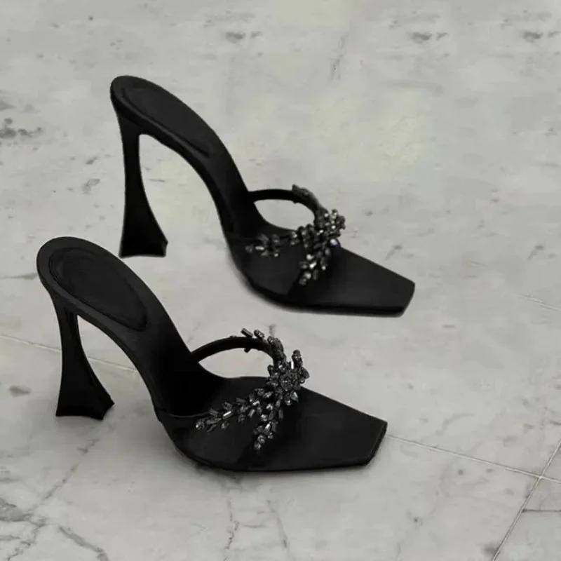 Summer Women's High Heel Sandals Cross Rhinestone Square Head Open Toe Sandals Silk Sexy Stiletto High Heels Mules