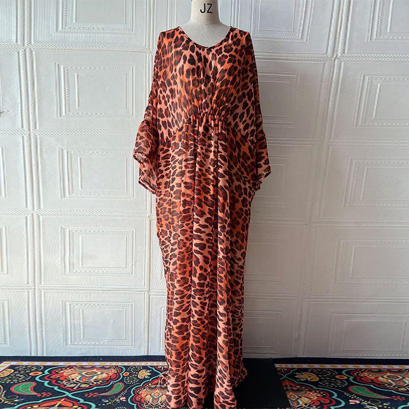 

European and American 2025 Spring New V-neck Split Irregular Waist Hugging Print Long sleeve dress Leopard print XXL