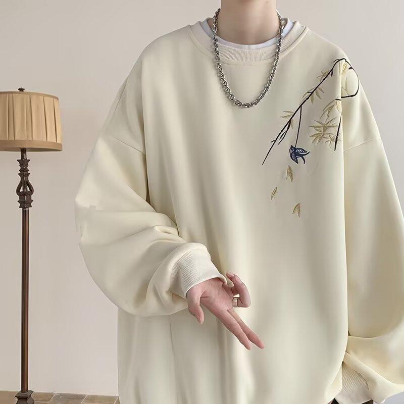 Chinese Bird Print Men Oversized Sweatshirt Fashion Loose Long Sleeve Couple Clothes