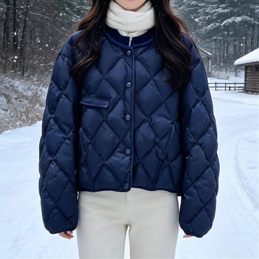 European knitted splicing rhombus down jacket women's short new white duck down small round neck warm jacket