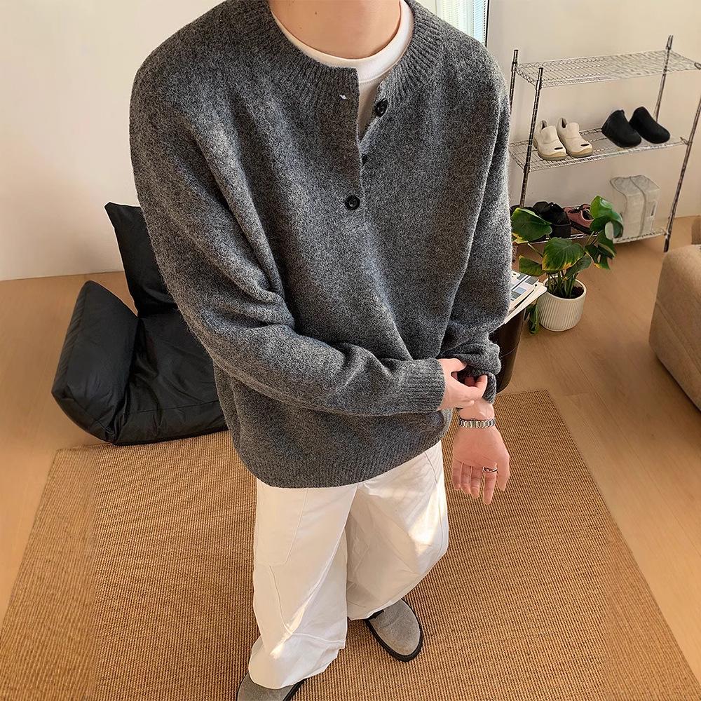 

Men s Gray Retro Henley Collar Sweater - Autumn/Winter High-End Lazy Style Knit Cleanfit Jacket Large (L) чорний