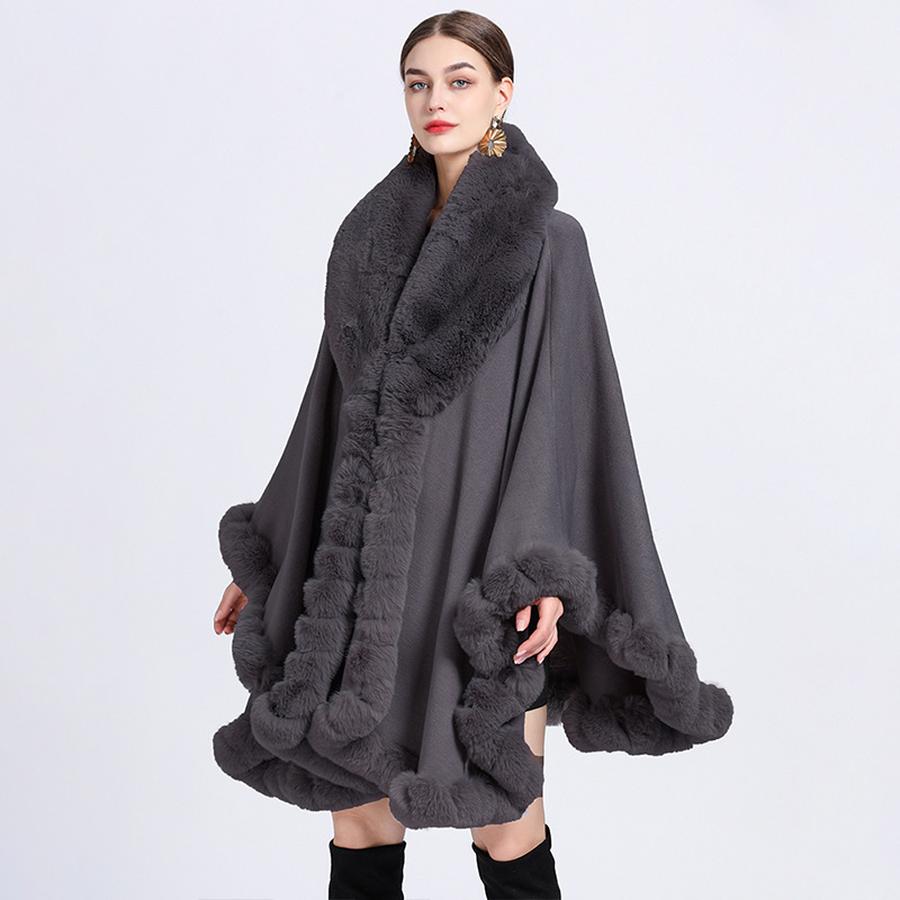 Herbst Winter Kunstkaninchenfell Kragen Schal Poncho Locker Gestrickter Cardigan Übermantel für Damen