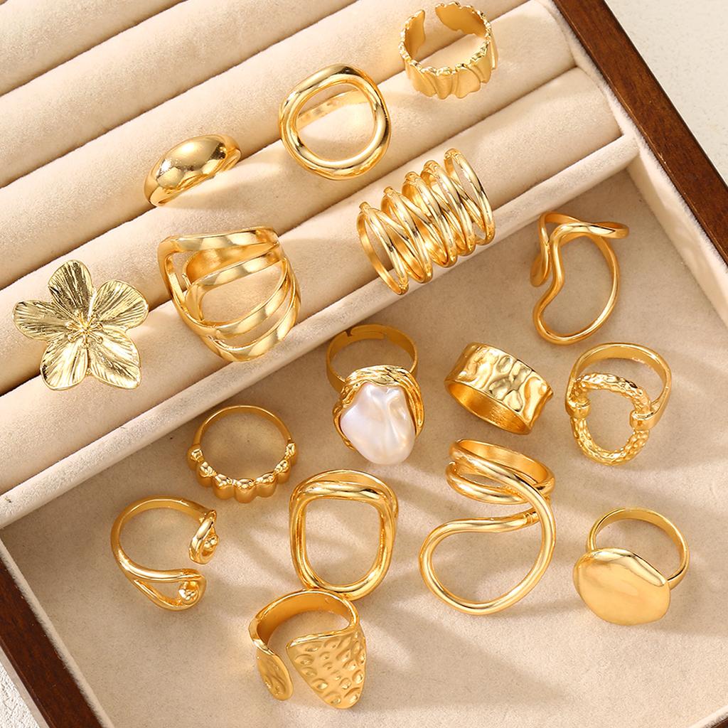 16pcs Gold Color Irregular Pearl Flower Rings Set For Women Fashion Boho Chunky Stackable Rings Party Daily Wear Jewelry Gifts