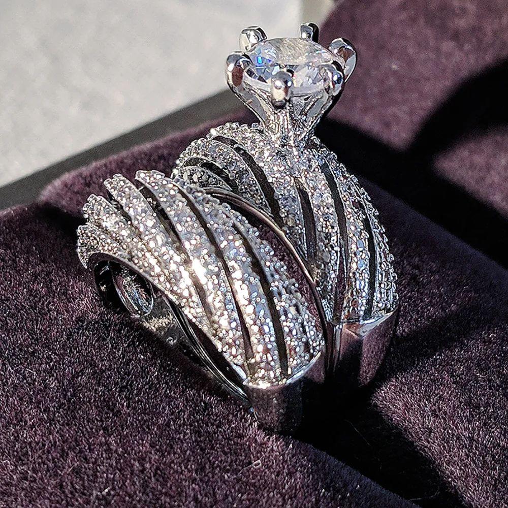 European and American 2-piece Luxury Wedding New Style Trendy Geometric High-end Design Ring Personalized Elegant Zircon
