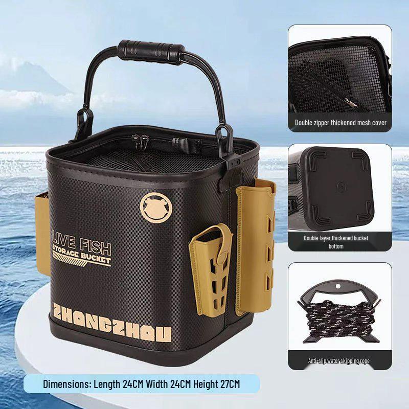 Foldable Multi-Purpose EVA Fishing Bucket: Portable Live Fish Keeper and Lure Container for Outdoor Use.