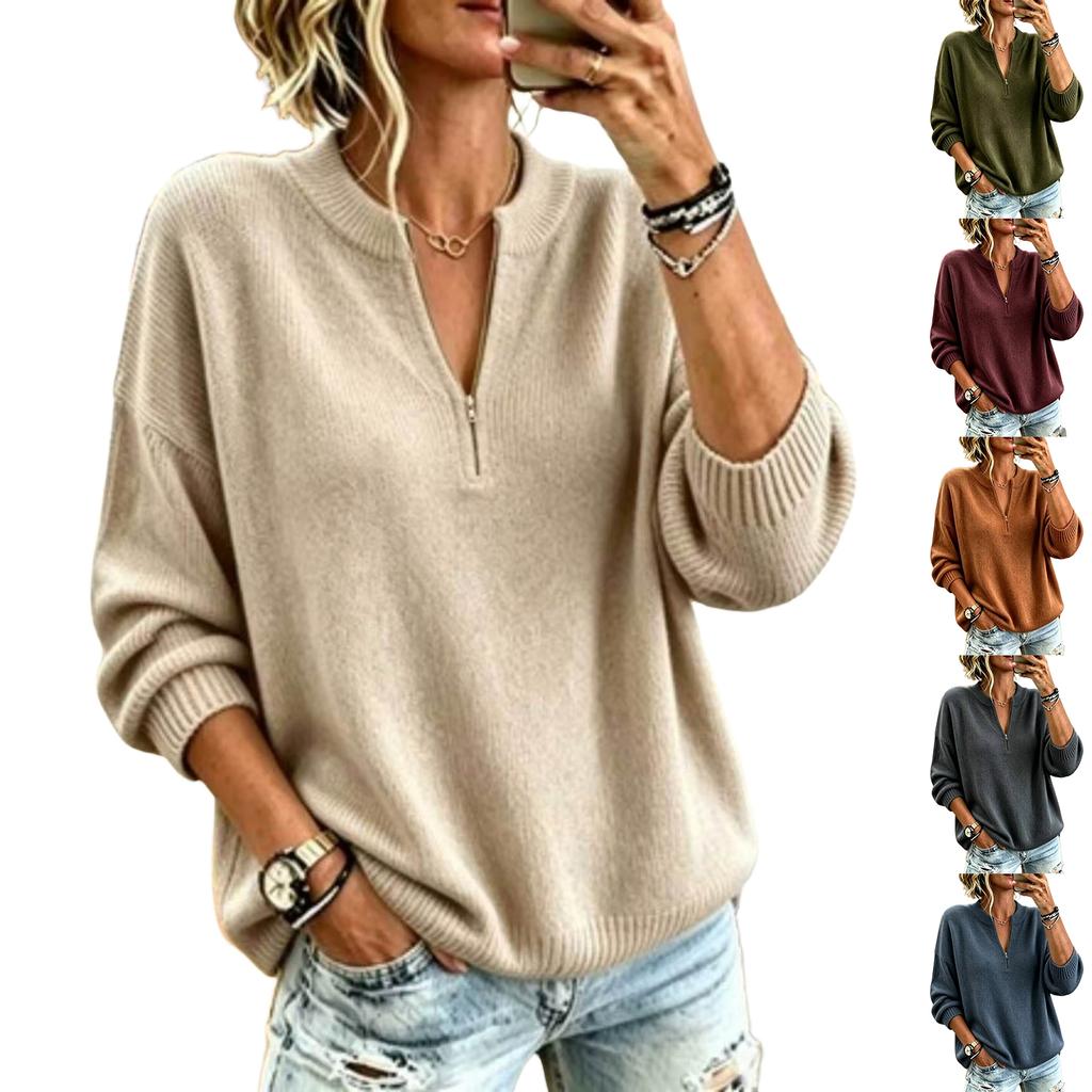 Women's Casual Knit Pullover Top with Half Zip Stand Collar, Loose Fit Drop Shoulder Long Sleeve