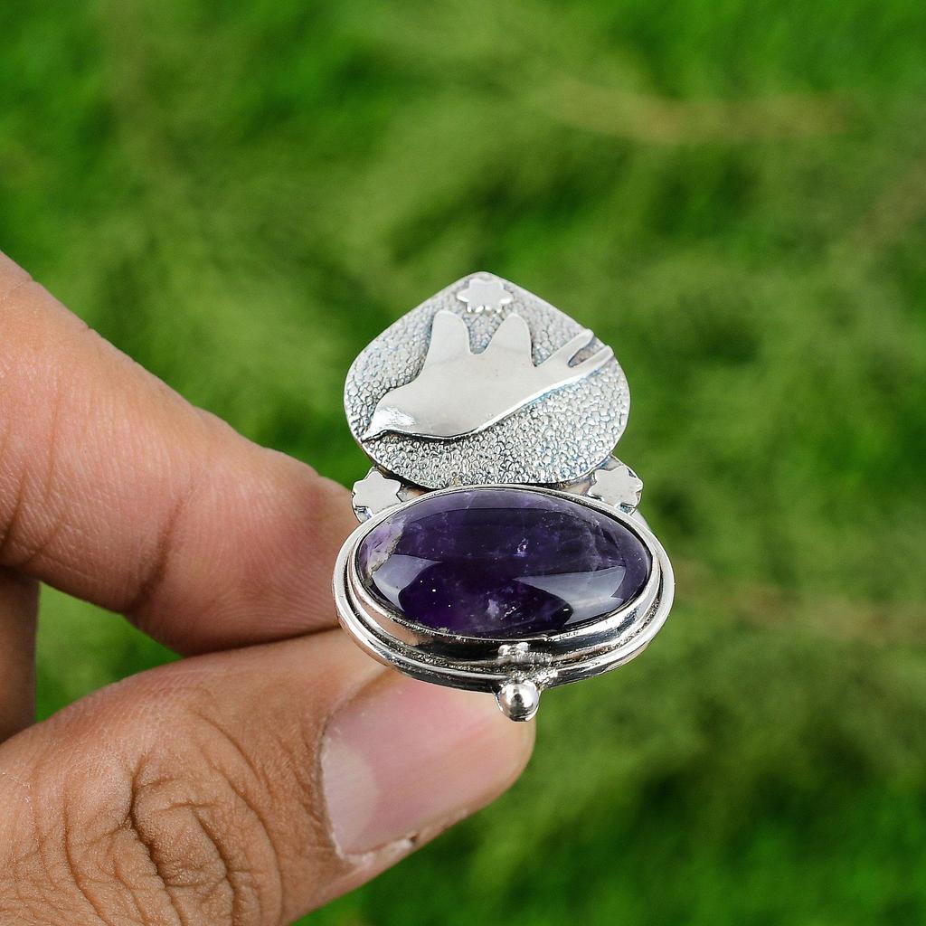Gift For Her Natural Chevron Amethyst Promise Bird Adjustable Ring 925 Silver
