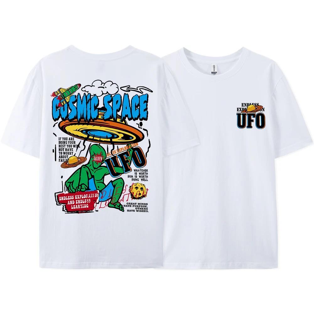 Summer Men's T-shirt, 100% Pure Cotton, Cosmic Space Alien Pattern Printed Top, Fashionable Street Loose T-shirt