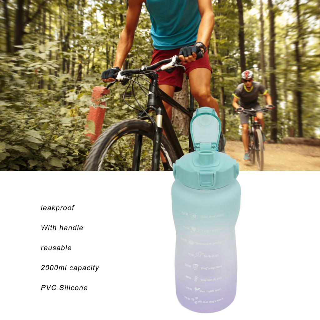 Sports Water Bottle 2000ml Gradient Frosted   Water Bottle with Handle Straw Silicone Hose Water Bottle for Running